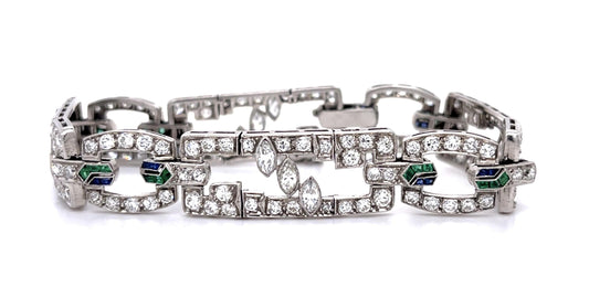Art Deco 8ct Diamond Sapphire + Emerald Platinum Bracelet 29g 7.25"