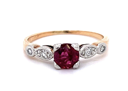 Edwardian .80ct Ruby .08ct Diamond PT+14KY Ring (Antique 1900s)