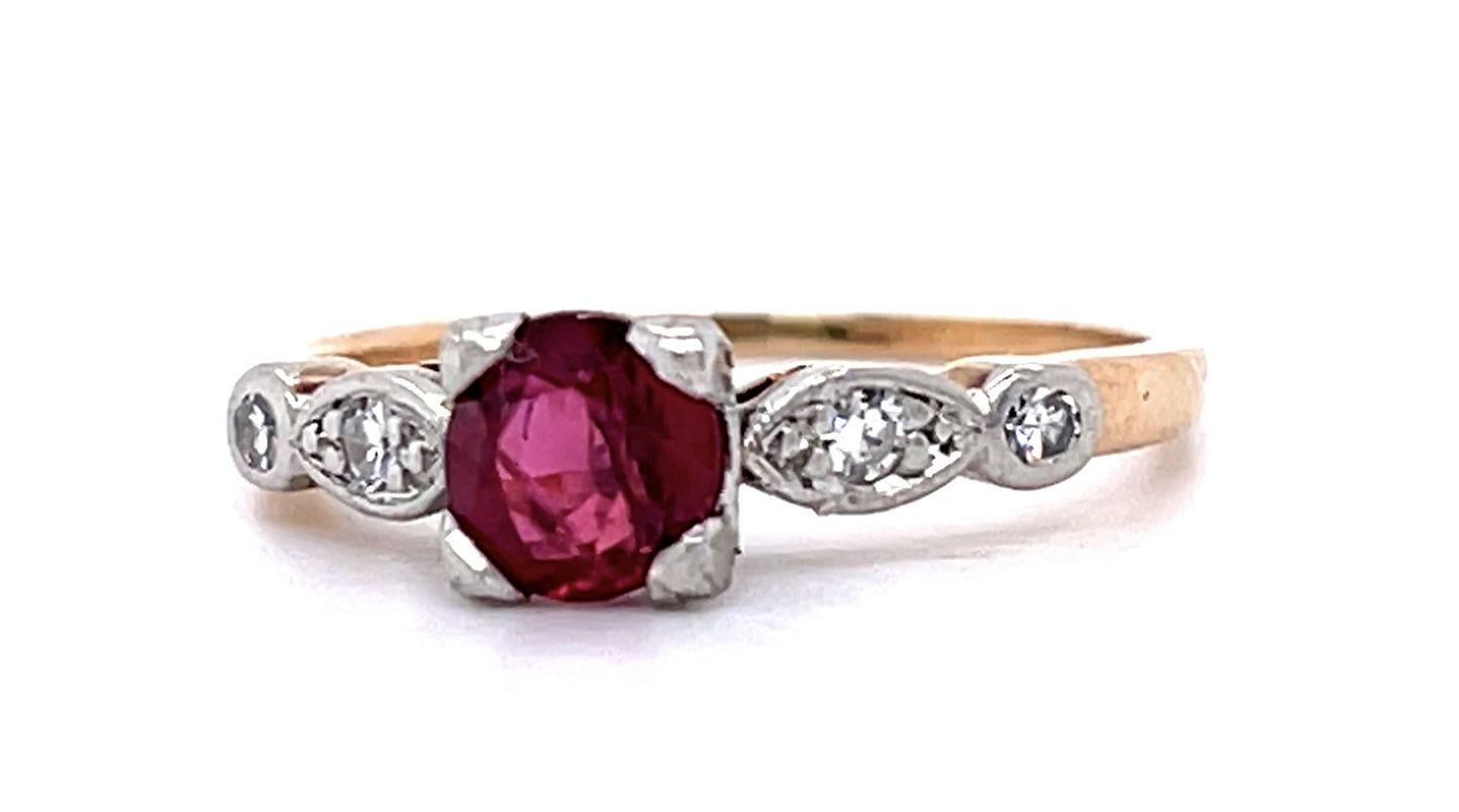 Edwardian .80ct Ruby .08ct Diamond PT+14KY Ring (Antique 1900s)