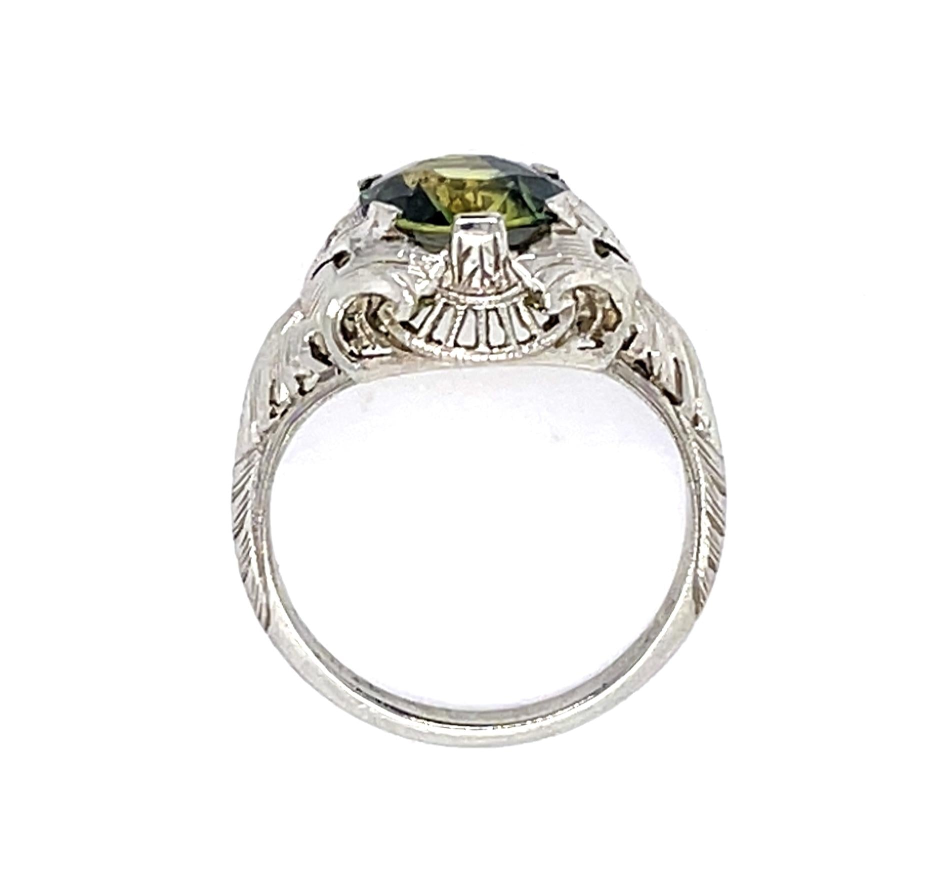 Original Art Deco 2.60ct Green Yellow Greenish Yellow Sapphire 18KW Ring