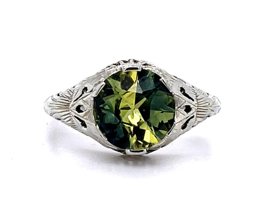 Original Art Deco 2.60ct Green Yellow Greenish Yellow Sapphire 18KW Ring