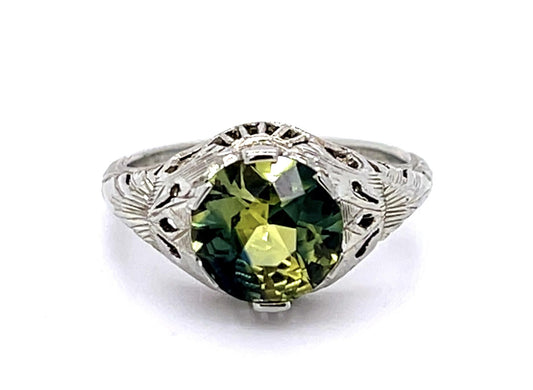 Original Art Deco 2.60ct Green Yellow Greenish Yellow Sapphire 18KW Ring