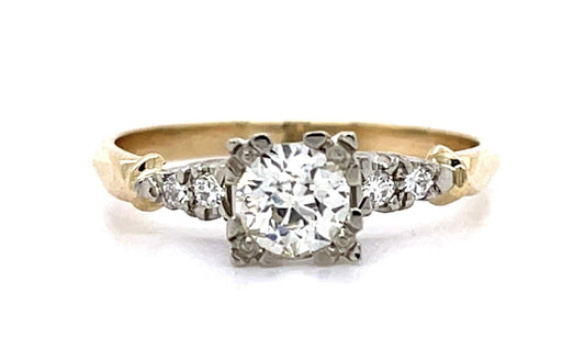 .50ct Old European Center Diamond 14K 2 Tone Ring (Vintage 1950s) .08ct SD