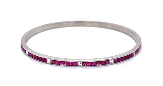 3ct French-cut Ruby .43ct Carre Diamond Engraved Bangle Bracelet