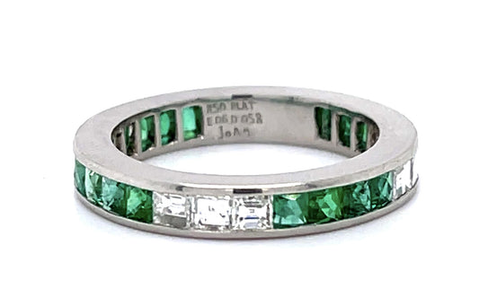 .60ct French-cut Emerald .58ct Carre Diamond Platinum Eternity Band