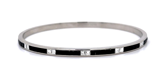 1.80ct French-cut Onyx .85ct Carre Diamond Platinum Engraved Bangle Bracelet