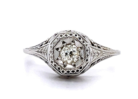 Art Deco Era (Circa 1920s) Antique Ring 18KW European cut Diamond .19 carats