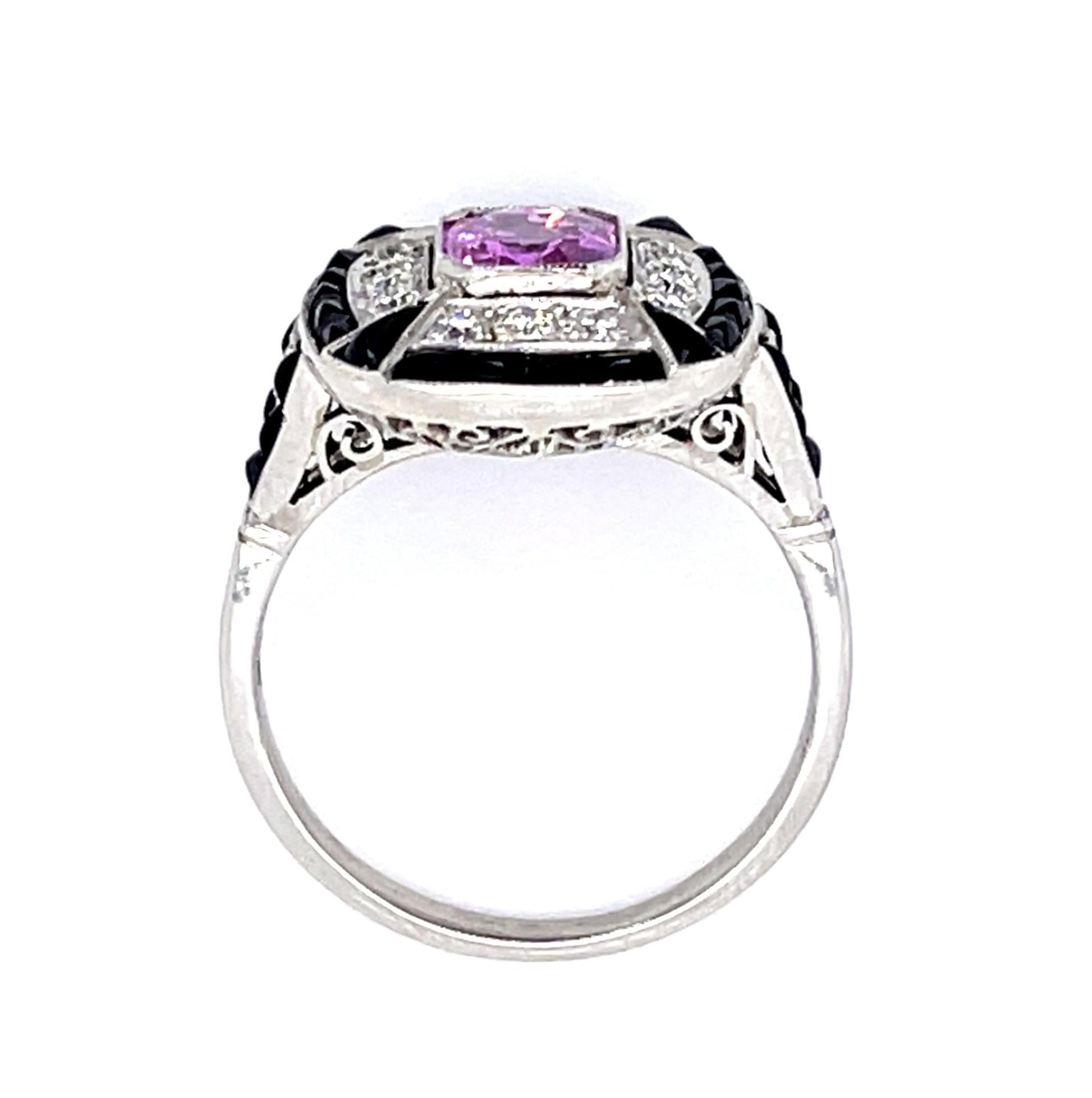 1.03ct Pink Sapphire .33ct Diamond + Onyx Platinum Handmade Ring