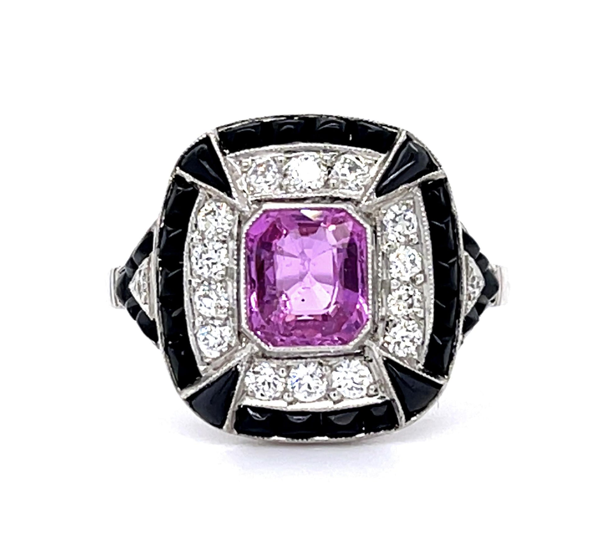 1.03ct Pink Sapphire .33ct Diamond + Onyx Platinum Handmade Ring