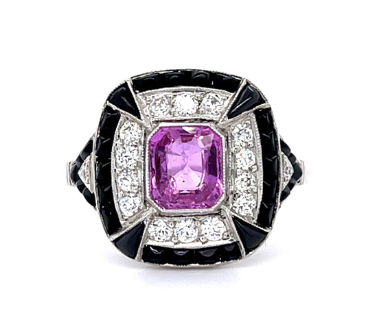 1.03ct Pink Sapphire .33ct Diamond + Onyx Platinum Handmade Ring