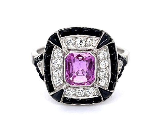 1.03ct Pink Sapphire .33ct Diamond + Onyx Platinum Handmade Ring