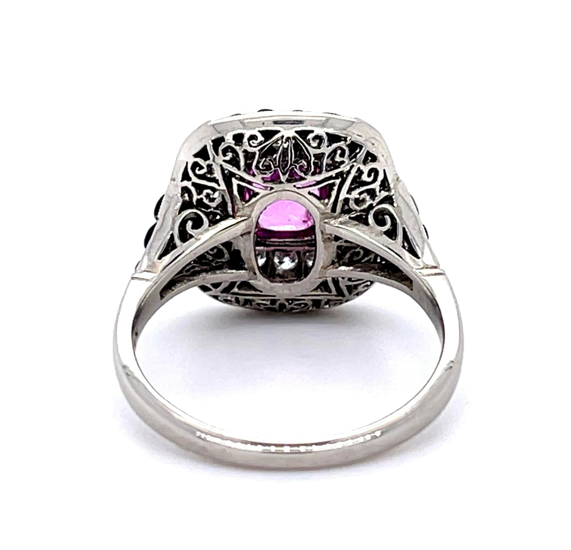 1.03ct Pink Sapphire .33ct Diamond + Onyx Platinum Handmade Ring