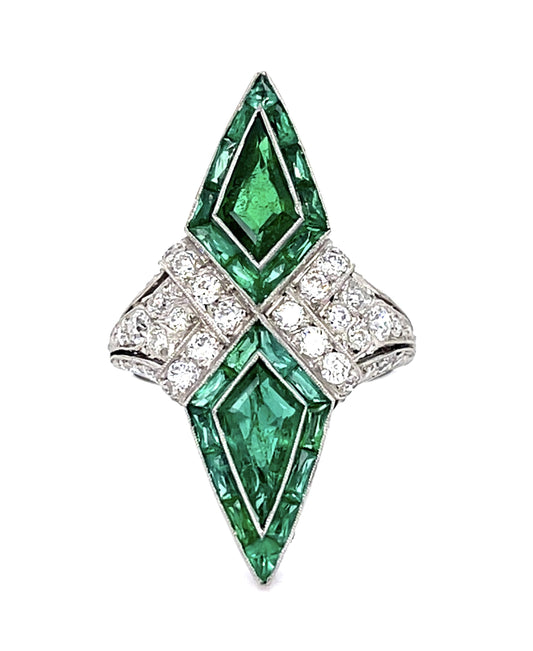 1.52ct (Two Kite Shaped Emeralds) 1.26ct Dia PT Handmade Ring 2.83ct Side Eme
