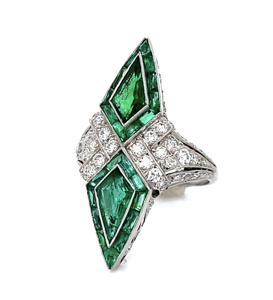 1.52ct (Two Kite Shaped Emeralds) 1.26ct Dia PT Handmade Ring 2.83ct Side Eme
