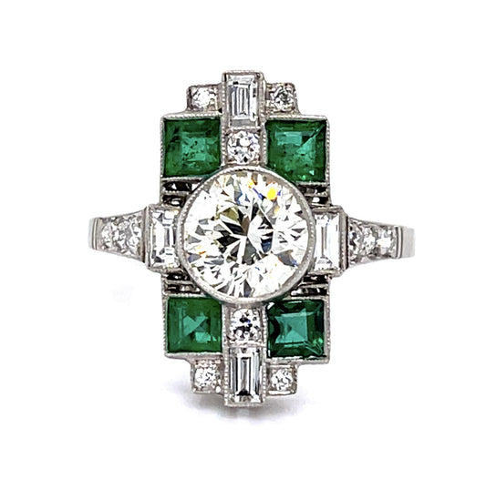 1.47ct Old European Center Diamond .72ct Emerald Platinum Handmade Ring .48ct SD