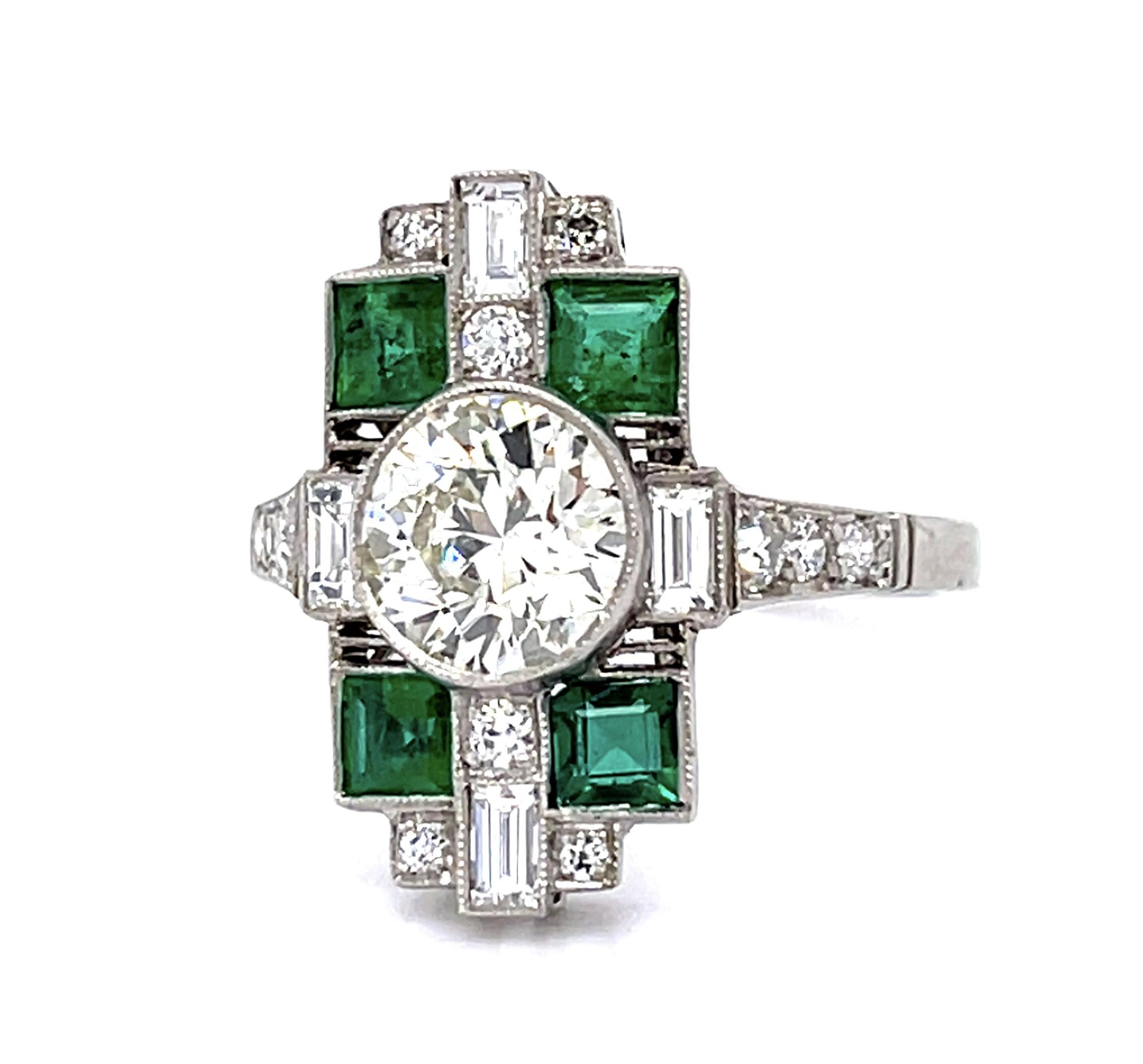 1.47ct Old European Center Diamond .72ct Emerald Platinum Handmade Ring .48ct SD