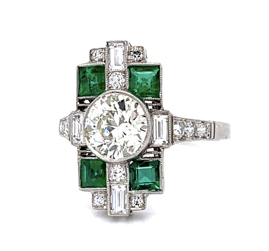1.47ct Old European Center Diamond .72ct Emerald Platinum Handmade Ring .48ct SD