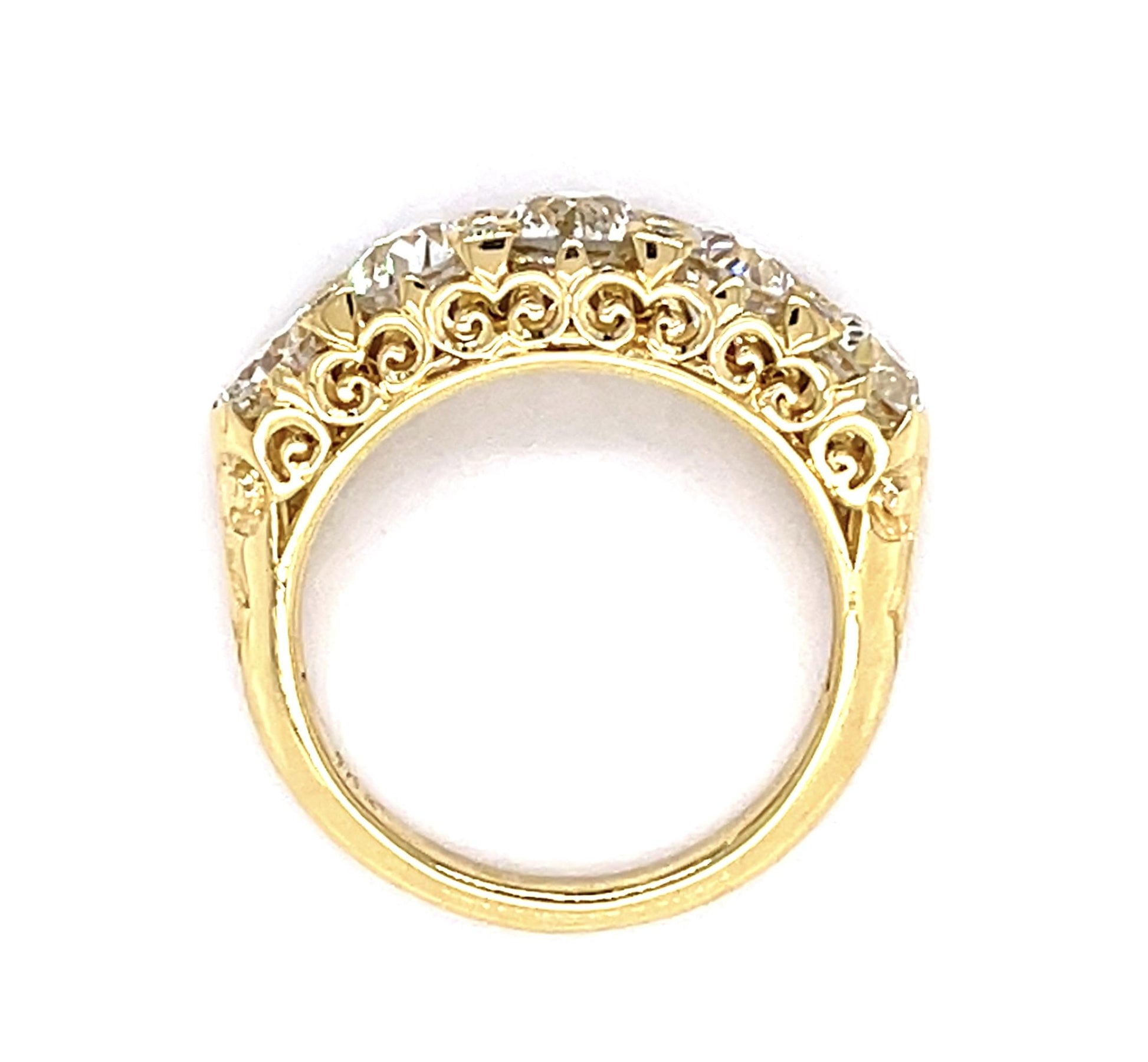 2.62ct Old Euro Dia 18KY Engraved Five Stone Ring with .08ct side dia on prongs