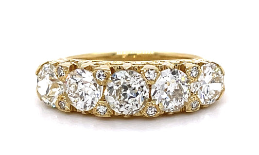 2.62ct Old Euro Dia 18KY Engraved Five Stone Ring with .08ct side dia on prongs