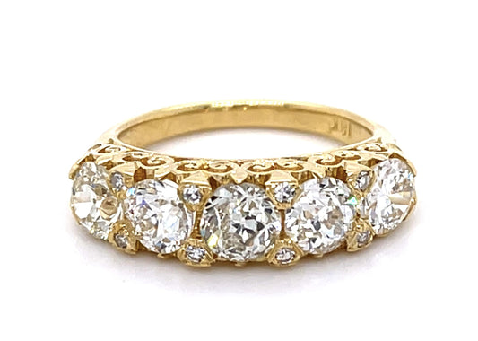 2.62ct Old Euro Dia 18KY Engraved Five Stone Ring with .08ct side dia on prongs