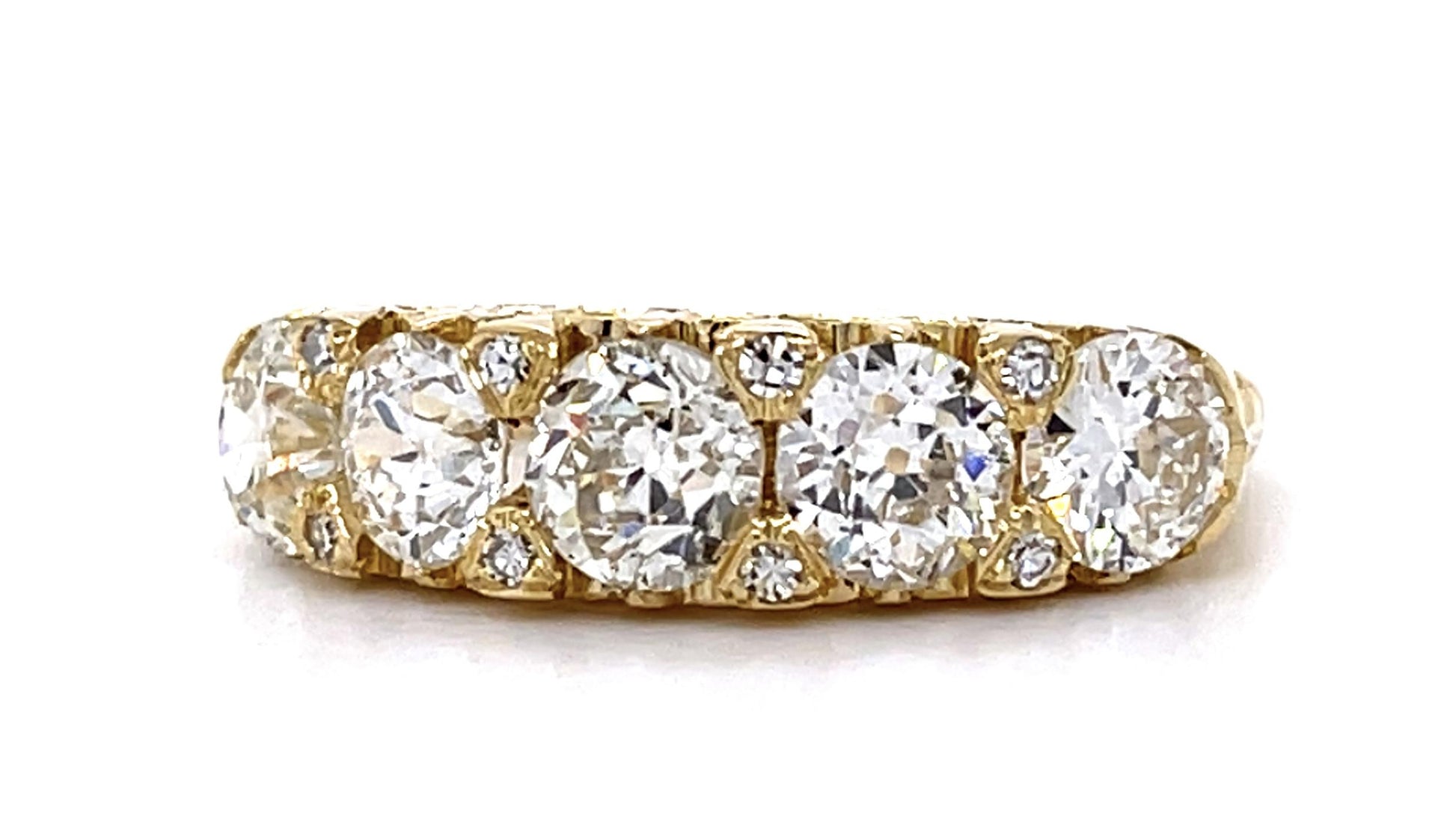 2.62ct Old Euro Dia 18KY Engraved Five Stone Ring with .08ct side dia on prongs