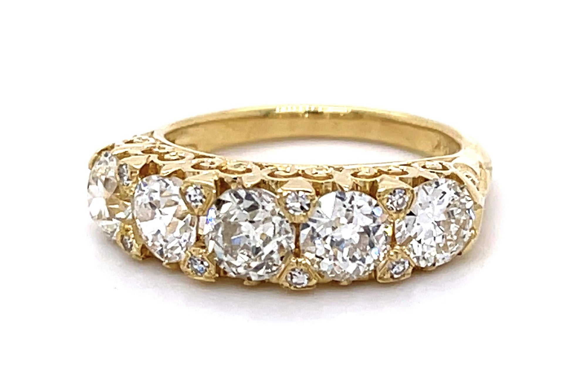 2.62ct Old Euro Dia 18KY Engraved Five Stone Ring with .08ct side dia on prongs