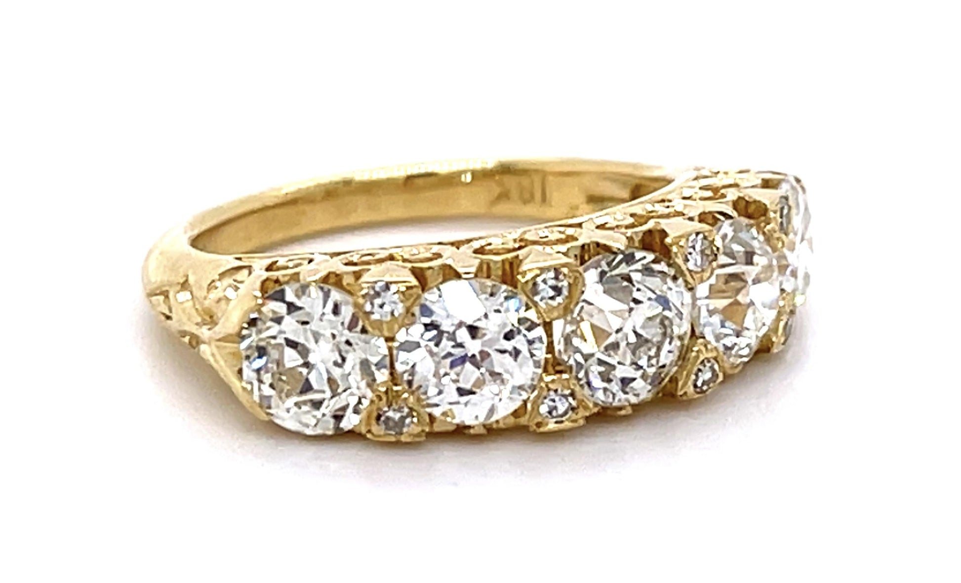 2.62ct Old Euro Dia 18KY Engraved Five Stone Ring with .08ct side dia on prongs