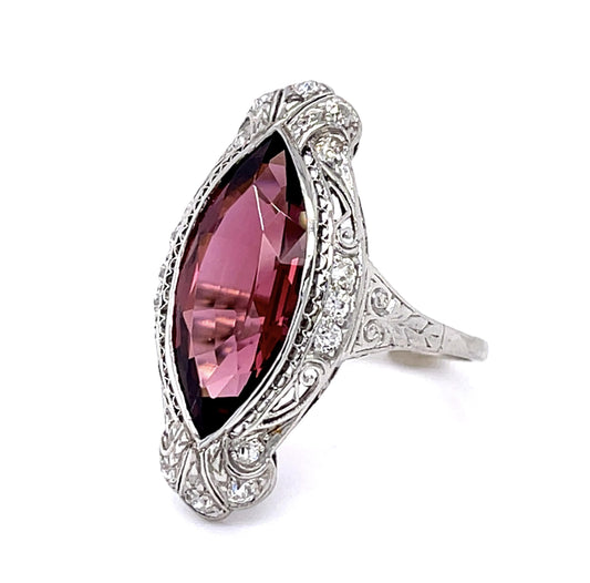 Original Art Deco 5.82ct Pink Tourmaline .46ct Diamond Platinum Ring (1920s)