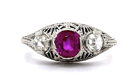 Original Art Deco .90ct Burma Heated Pink Sapphire .50ct Old Mine Dia Ring