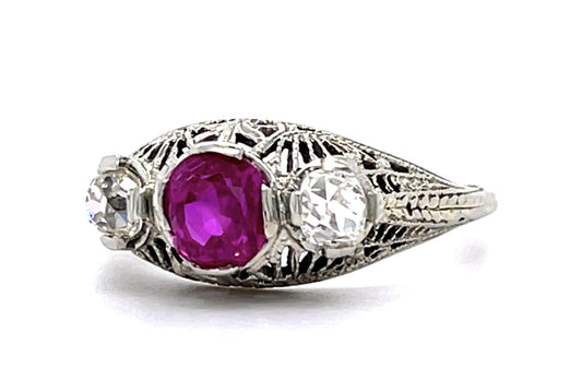 Original Art Deco .90ct Burma Heated Pink Sapphire .50ct Old Mine Dia Ring