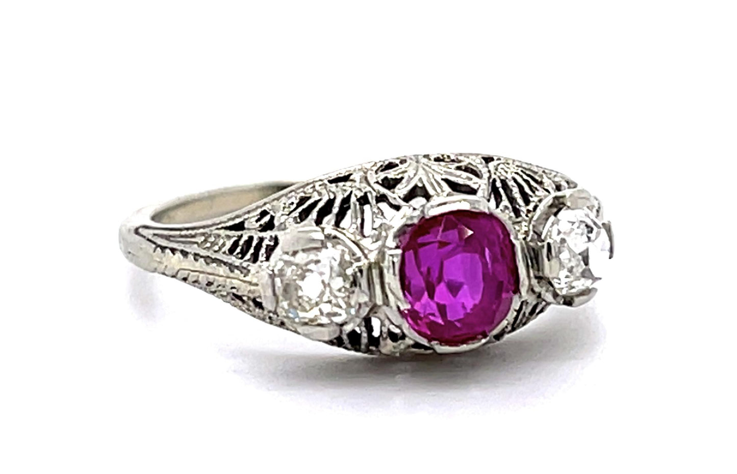 Original Art Deco .90ct Burma Heated Pink Sapphire .50ct Old Mine Dia Ring