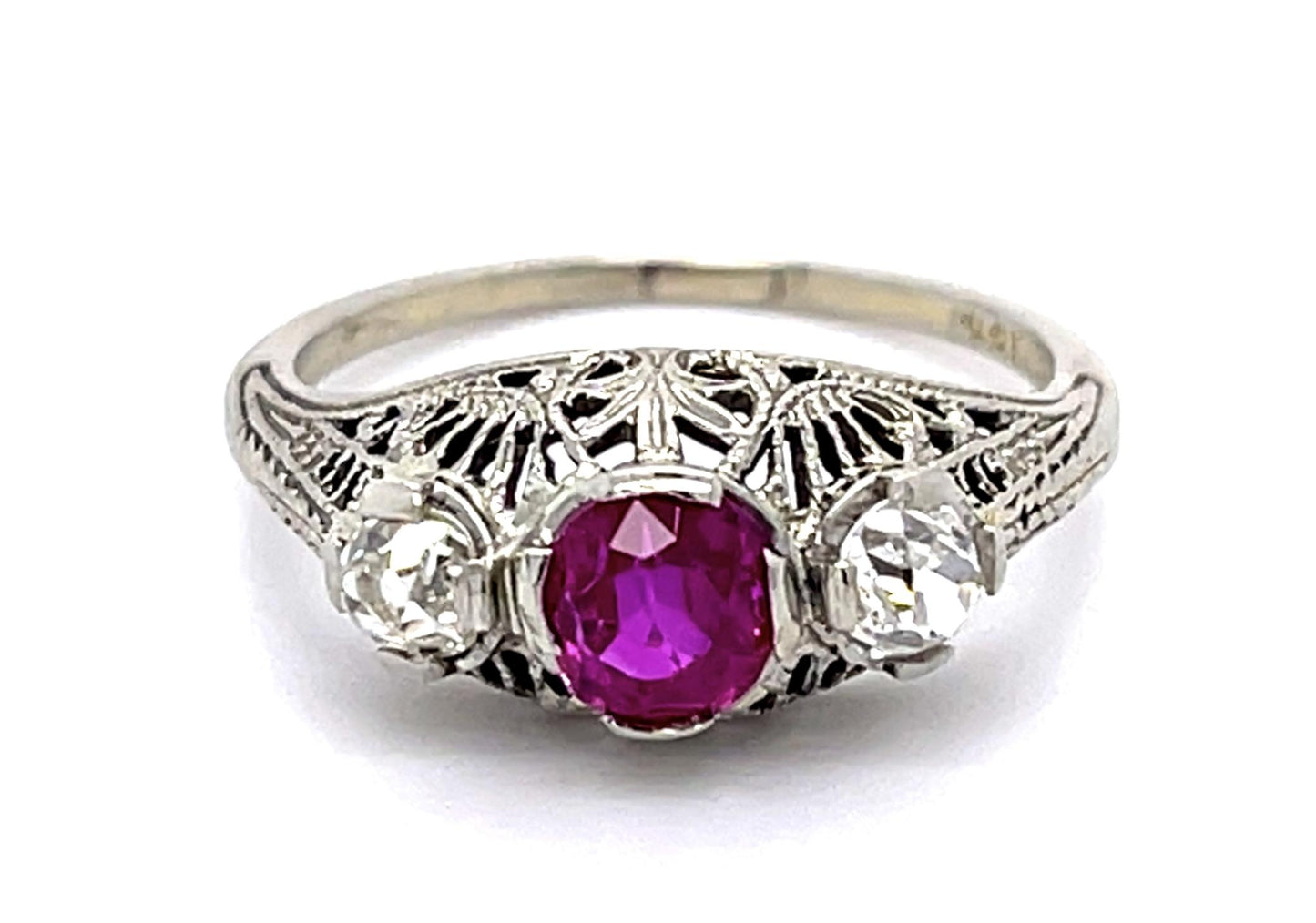 Original Art Deco .90ct Burma Heated Pink Sapphire .50ct Old Mine Dia Ring
