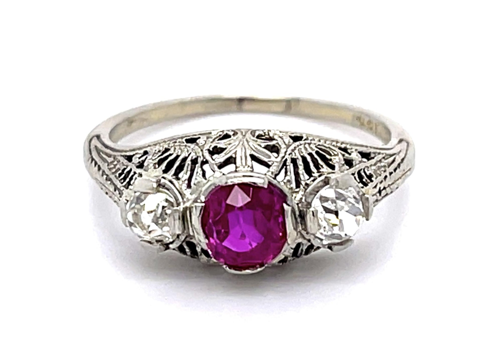 Original Art Deco .90ct Burma Heated Pink Sapphire .50ct Old Mine Dia Ring
