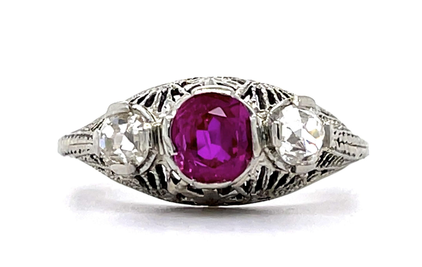 Original Art Deco .90ct Burma Heated Pink Sapphire .50ct Old Mine Dia Ring