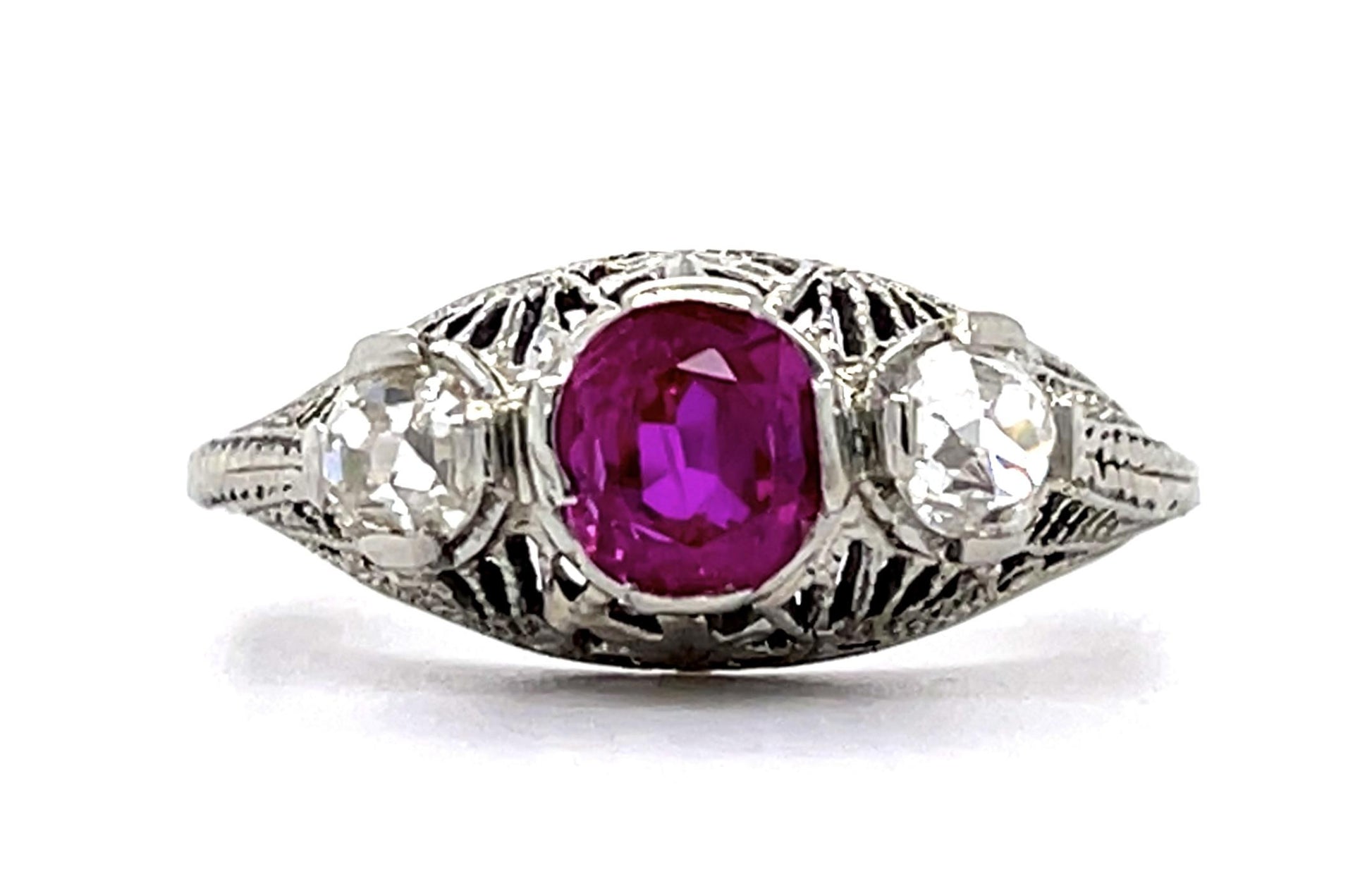Original Art Deco .90ct Burma Heated Pink Sapphire .50ct Old Mine Dia Ring