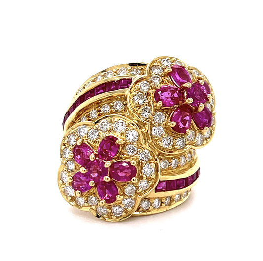 3.48ct Ruby 1.57ct Diamond 18KY Flower Ring