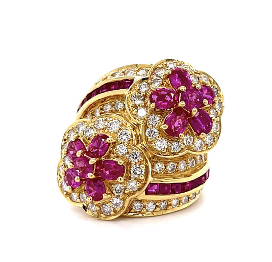 3.48ct Ruby 1.57ct Diamond 18KY Flower Ring