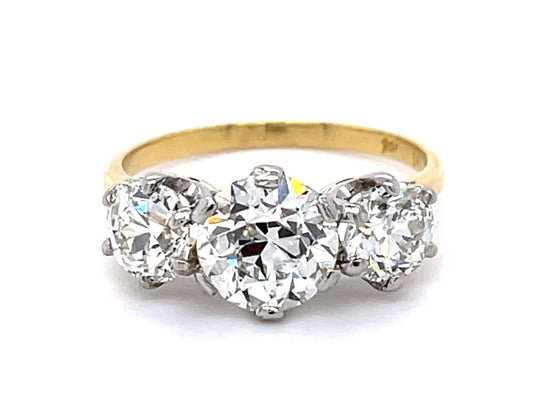 Original Edwardian 1.77ct Old Euro Center Diamond PT+18KY Three Stone Ring