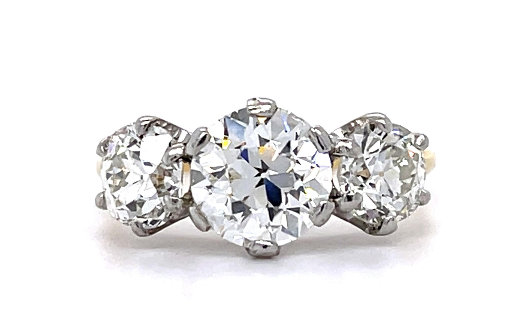 Original Edwardian 1.77ct Old Euro Center Diamond PT+18KY Three Stone Ring