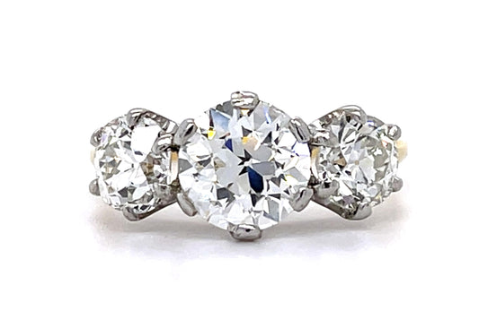 Original Edwardian 1.77ct Old Euro Center Diamond PT+18KY Three Stone Ring