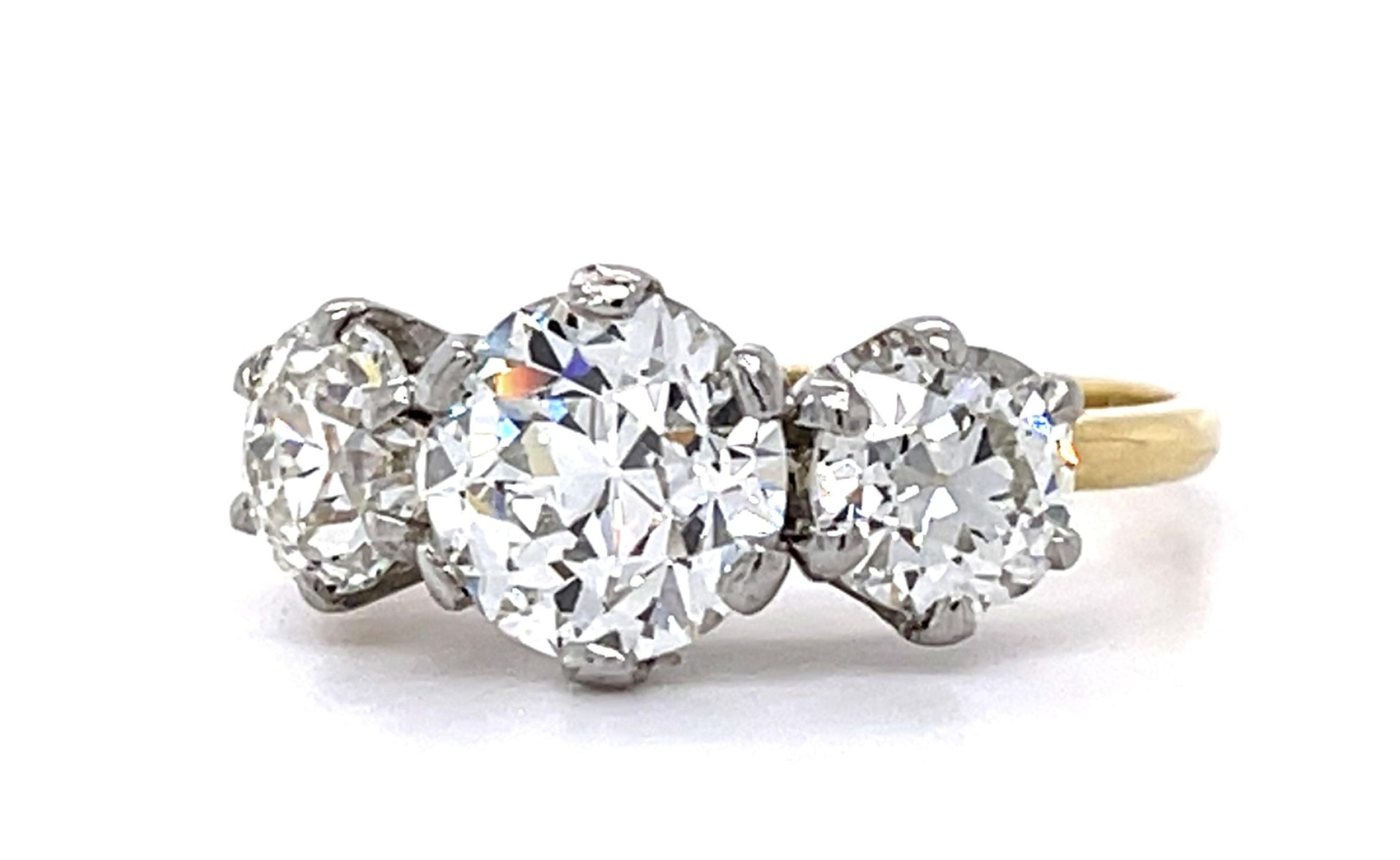 Original Edwardian 1.77ct Old Euro Center Diamond PT+18KY Three Stone Ring