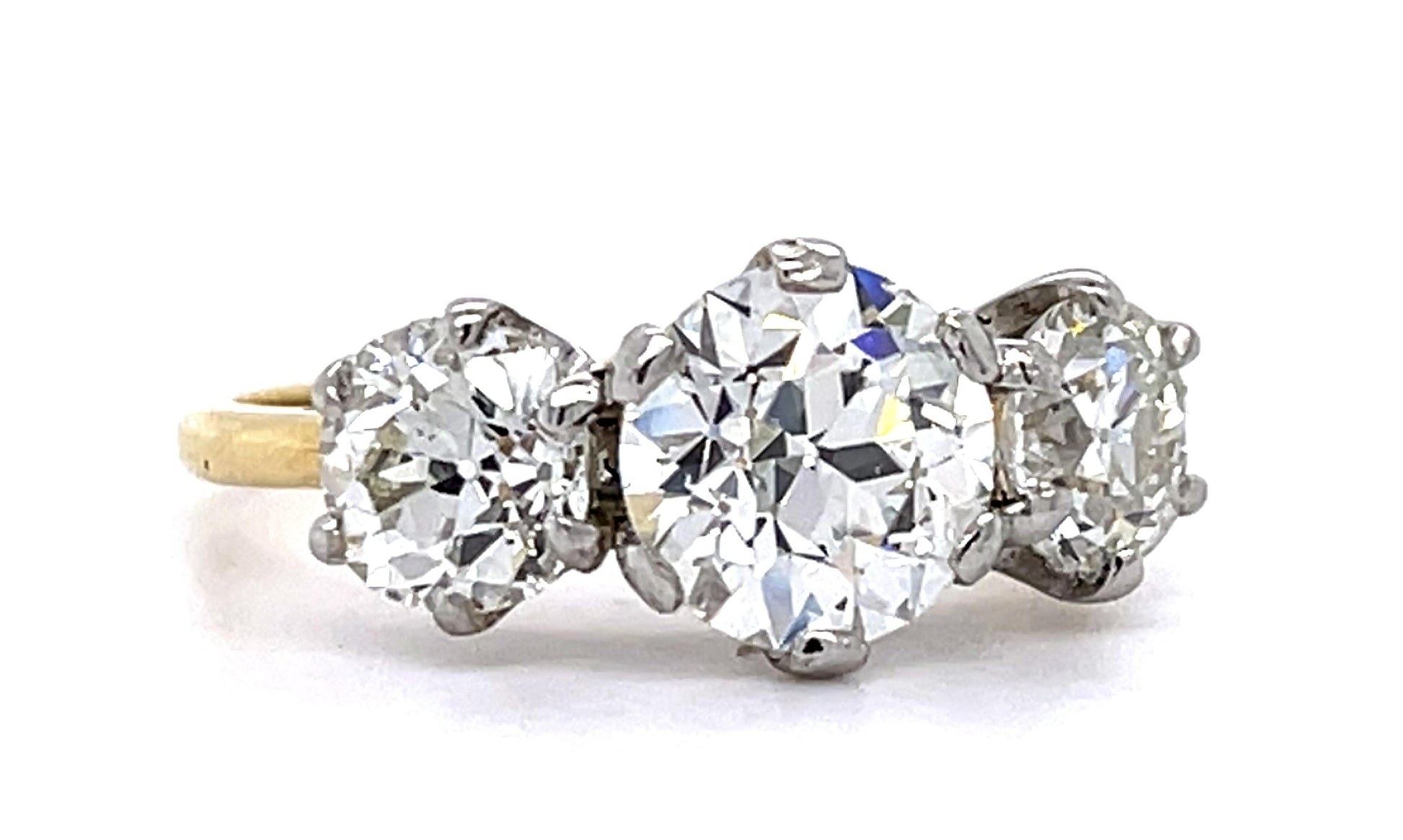 Original Edwardian 1.77ct Old Euro Center Diamond PT+18KY Three Stone Ring