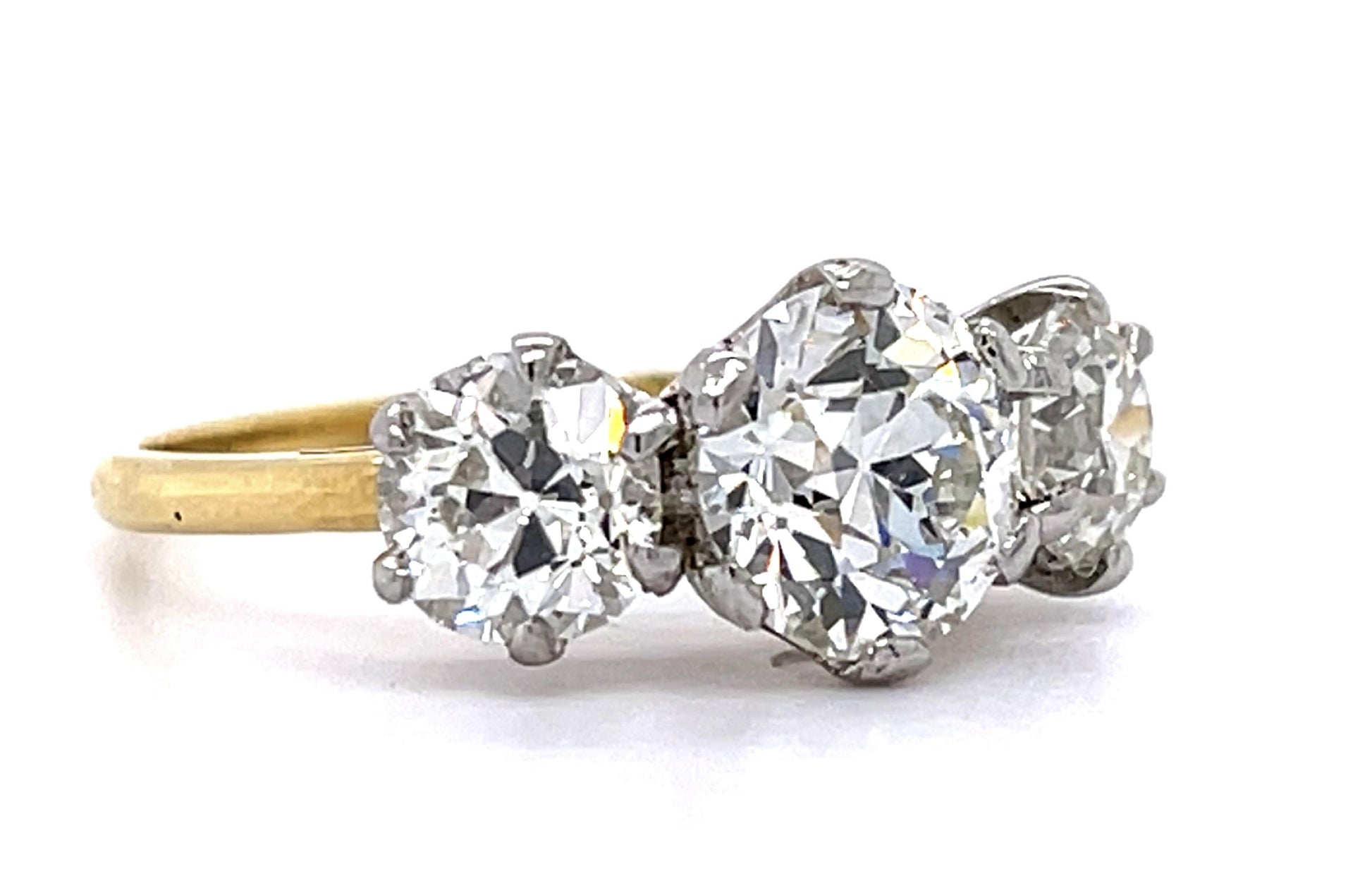 Original Edwardian 1.77ct Old Euro Center Diamond PT+18KY Three Stone Ring