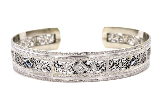Original Art Deco .08ct Diamond PT+14KW Bangle Bracelet 14g