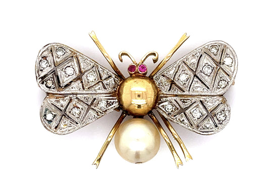 .44ct Diamond + Cultured Pearl 18KY Butterrfly Brooch Pin (Vintage 1930s)