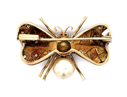 .44ct Diamond + Cultured Pearl 18KY Butterrfly Brooch Pin (Vintage 1930s)