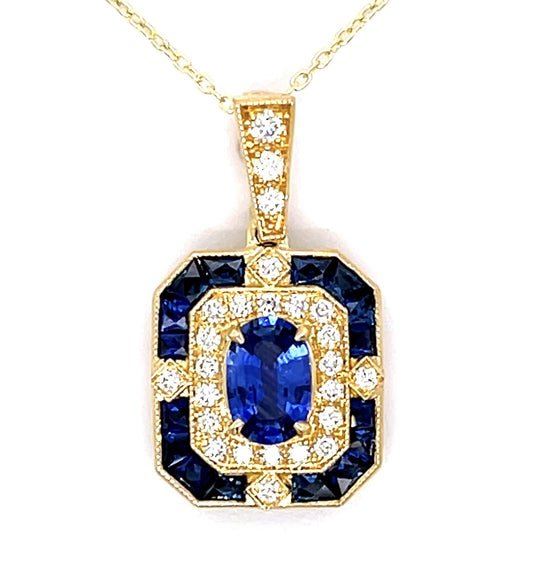 .85ct Center Sapphire .32ct Diamond 18KY Pendant 1ct Side Sapphire