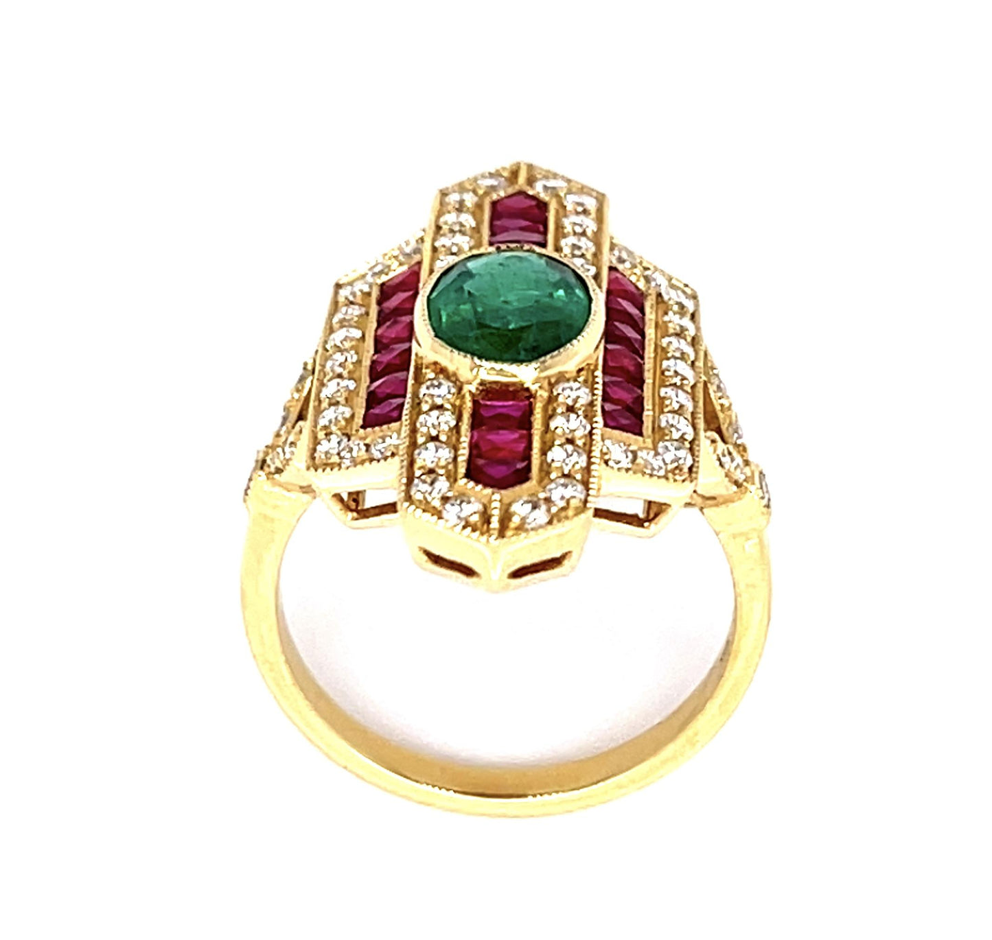 1.15ct Emerald 1.20ct Ruby .44ct Diamond 18KY Ring