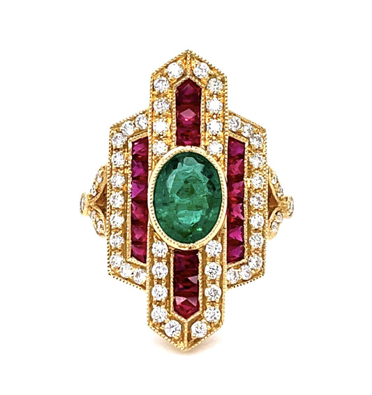 1.15ct Emerald 1.20ct Ruby .44ct Diamond 18KY Ring