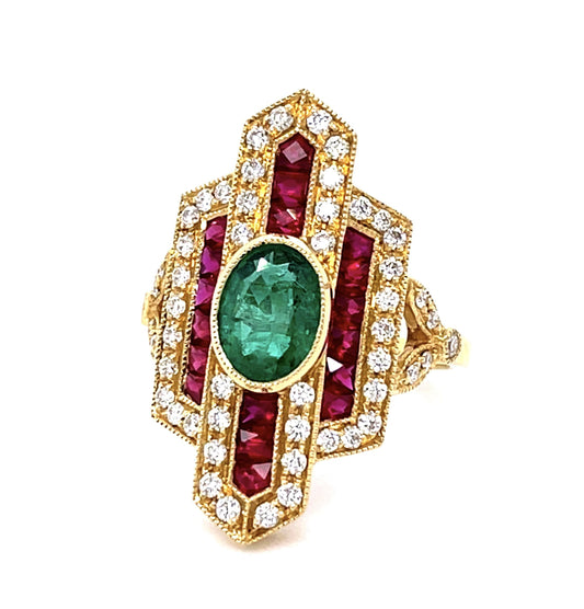 1.15ct Emerald 1.20ct Ruby .44ct Diamond 18KY Ring